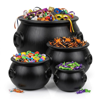 Halloween Cauldron Multi-Pack Assortment Plastic Black 4Pc Set (1pc 16in, 1pc 12in, 8in,1pc 6in)