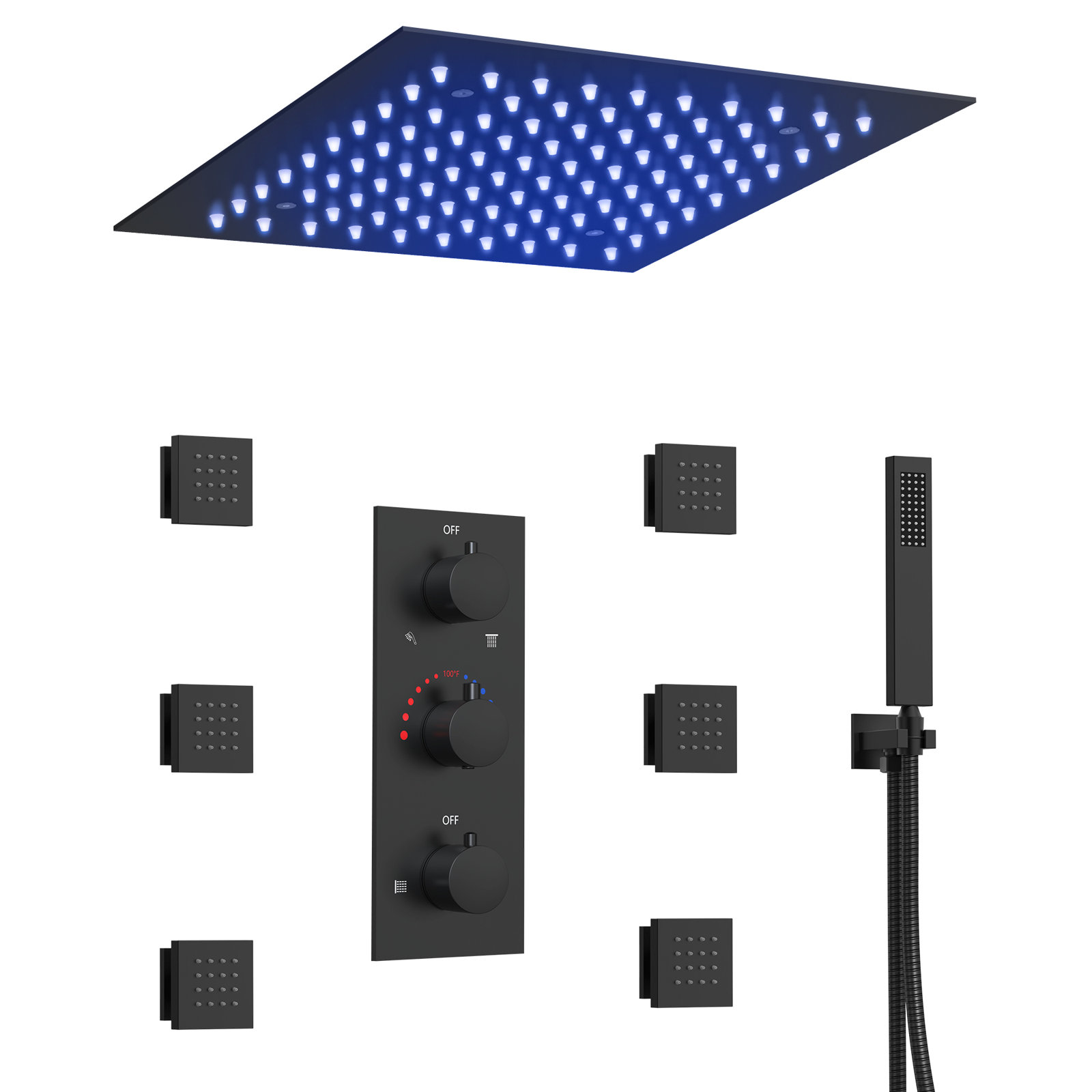 Thermostatic Rainfall Shower System, Ceiling Mount 12" LED Shower Head with Handheld Spray, Matte Black
