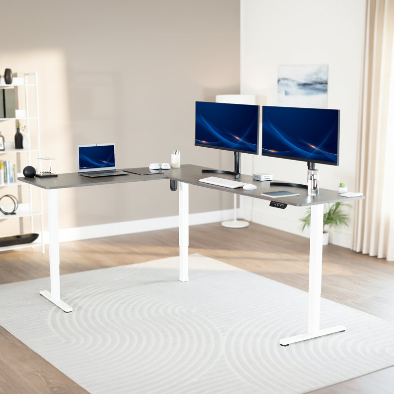 VIVO Electric Corner Desk, L-Shaped Workstation, Gray/White, 84.6" W x 63" D