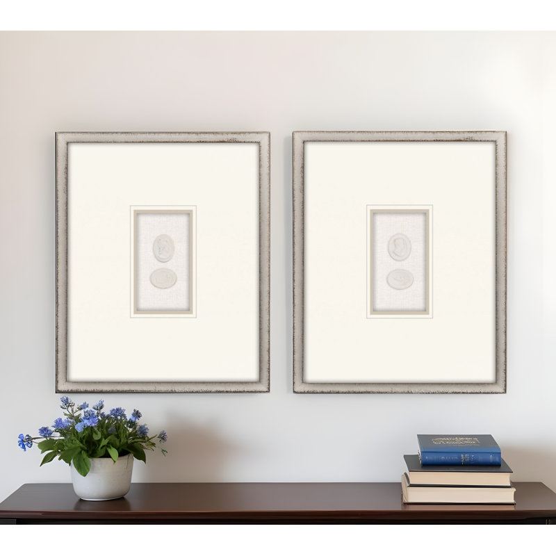 Set of Two Silver Framed White Portrait Intaglio Wall Art