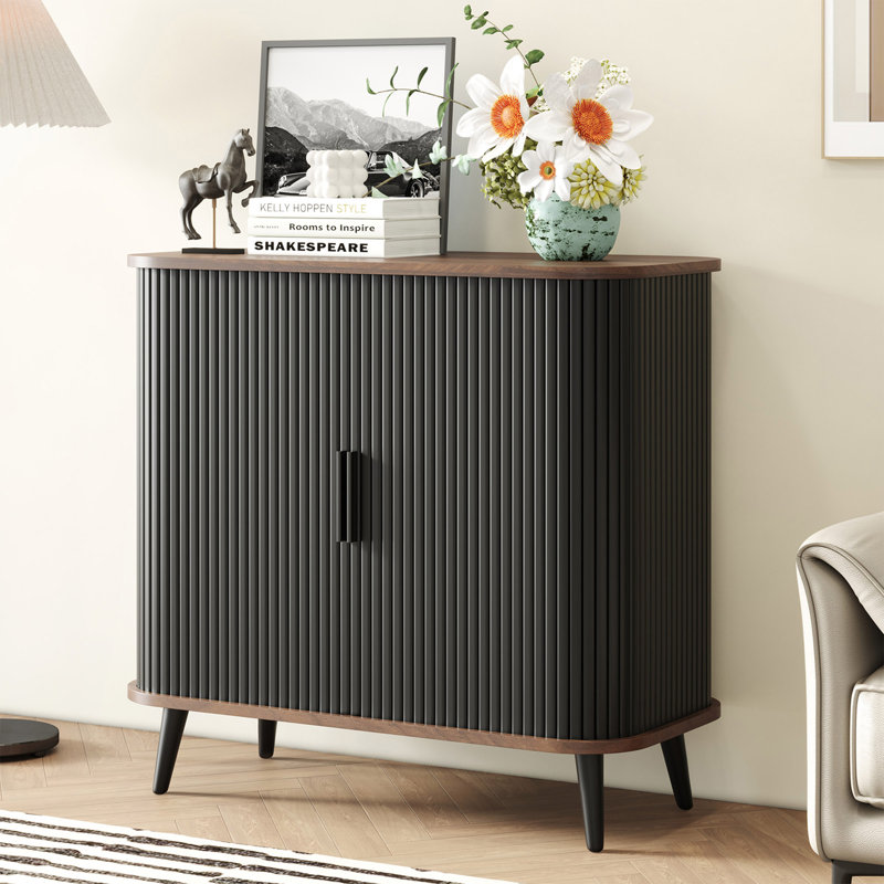 31.5'' Modern Sliding Doors Sideboard Storage Cabinet with Solid Wood Legs, Black