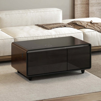Table basse intelligente avec tiroirs réfrigérés intégrés, haut-parleur Bluetooth et chargement sans fil - brun
