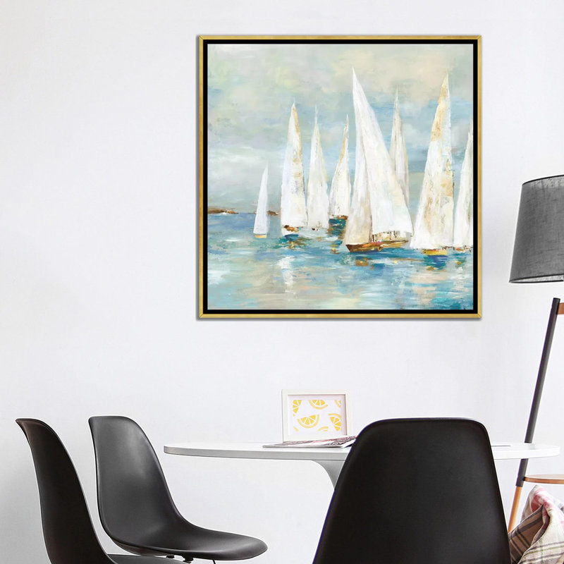 Voiliers blancs de Allison Pearce, reproduction d’art, H 37 po x l 37 po x P 1,5 po, Toile encadrée d'or, Pas de tapis