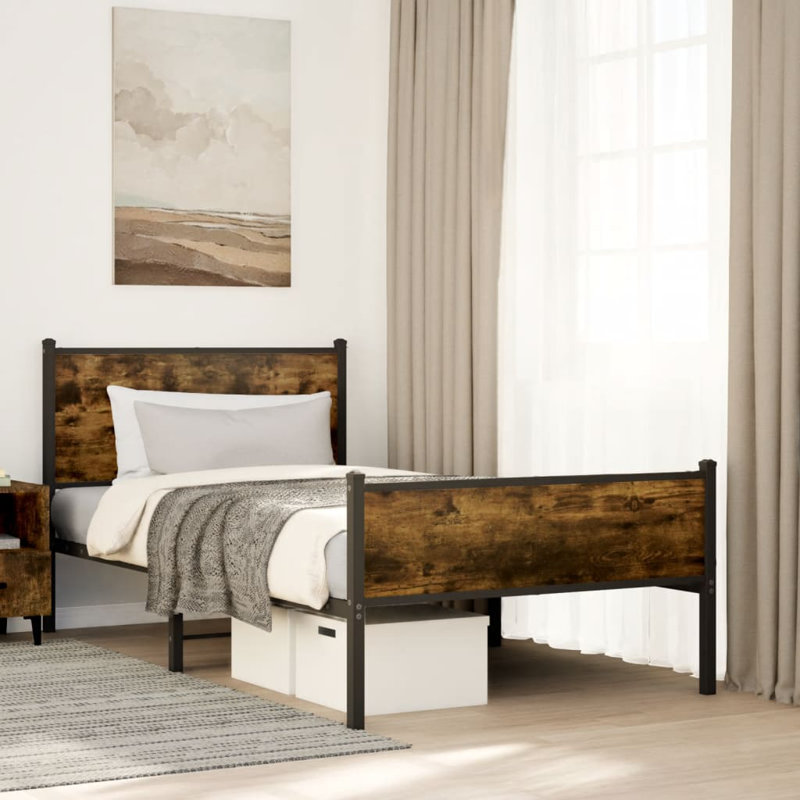 Vidaxl Metal Bed Frame Without Mattress , Brown Oak,  91.5cm H x 125cm W x 196cm L