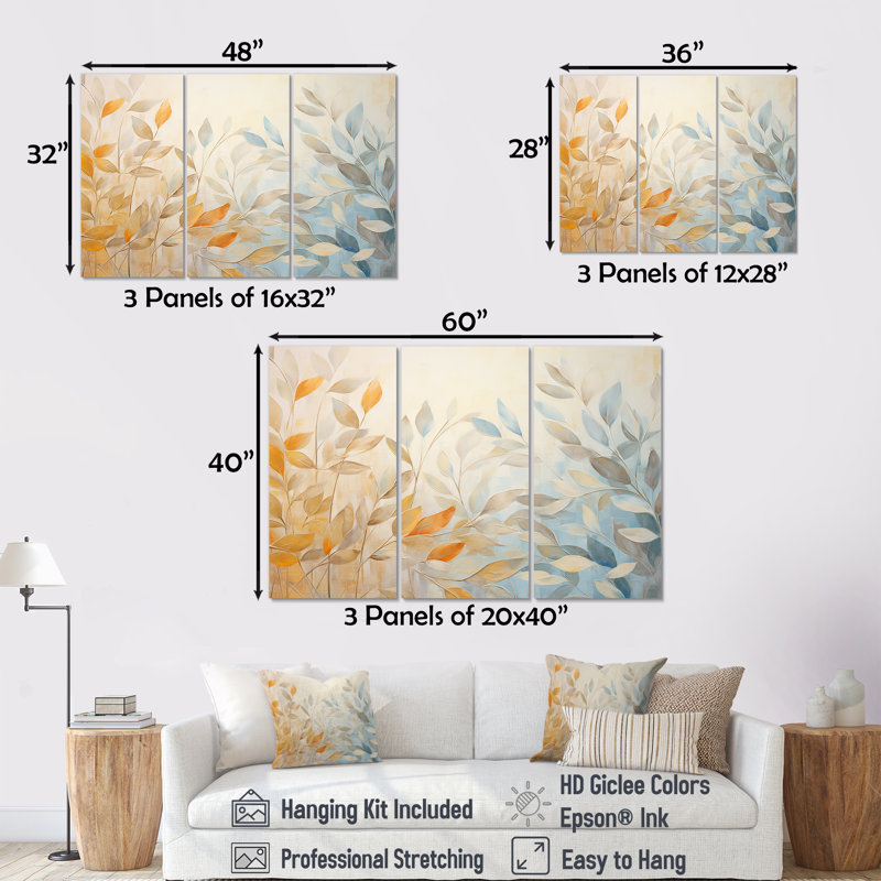 Feuilles d'automne, harmonie du soleil I - ensemble d'art mural feuilles, Toile tendue, H 32 po x l 48 po x P 1 po