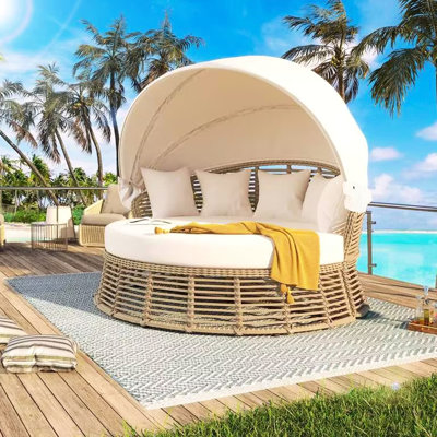 Lit de jour rond d'extérieur avec coussins confortables et auvent ajustable, mobilier pour terrasse et jardin, beige, résistant aux intempéries, convertible en 2 fauteuils, 5 coussins amovibles, design réversible