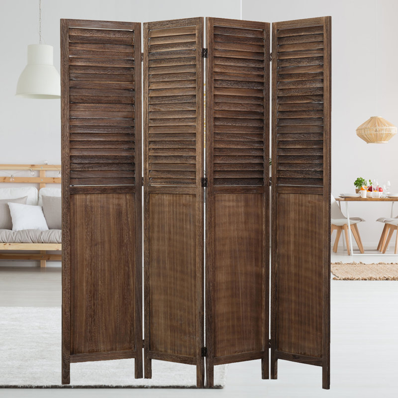 Rustic Brown Paulownia Wood 4-Panel Folding Room Divider