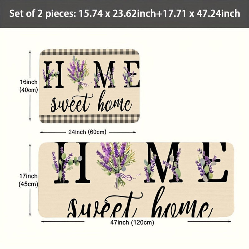 Beige Lavender Home Kitchen Mats, Set of 2, for Kitchen & Living Room