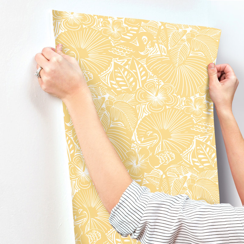 Idalia Navy Floral Flamingo Wallpaper, Yellow