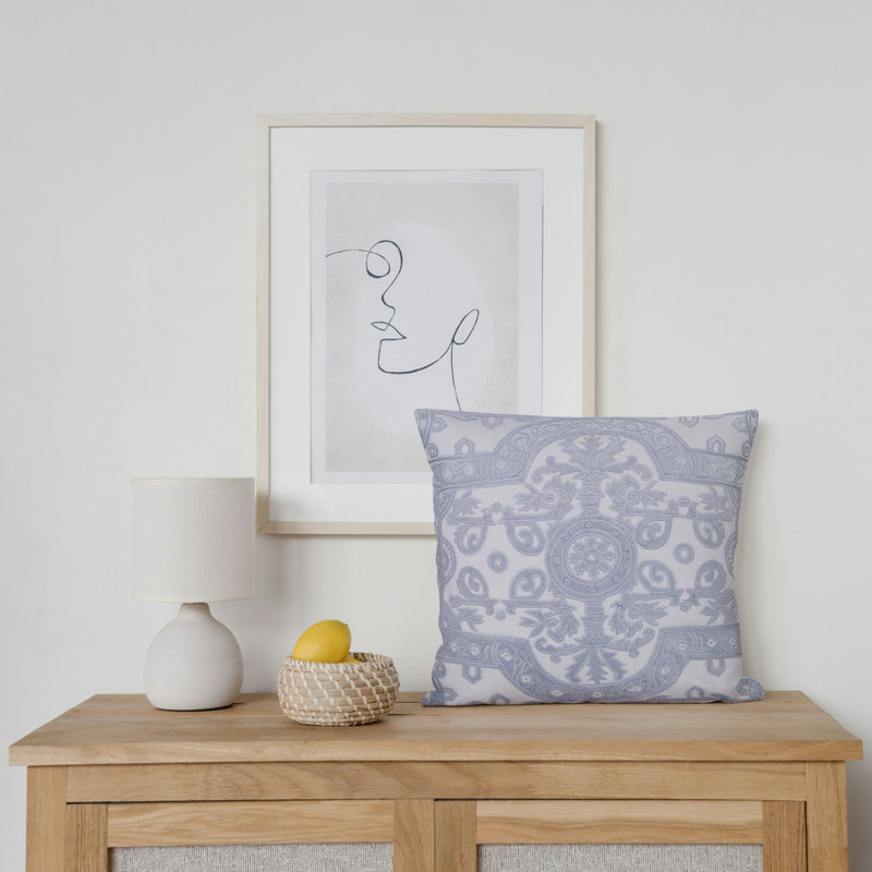 White Linen Square Pillow with Velvet Applique Embroidery