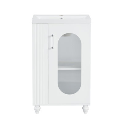 Meuble-lavabo de 20 po avec lavabo, meuble-lavabo avec tablette à deux niveaux, tablette réglable, bois massif et panneau de fibres à densité moyenne, blanc (ancien numéro: WF322518AAK)