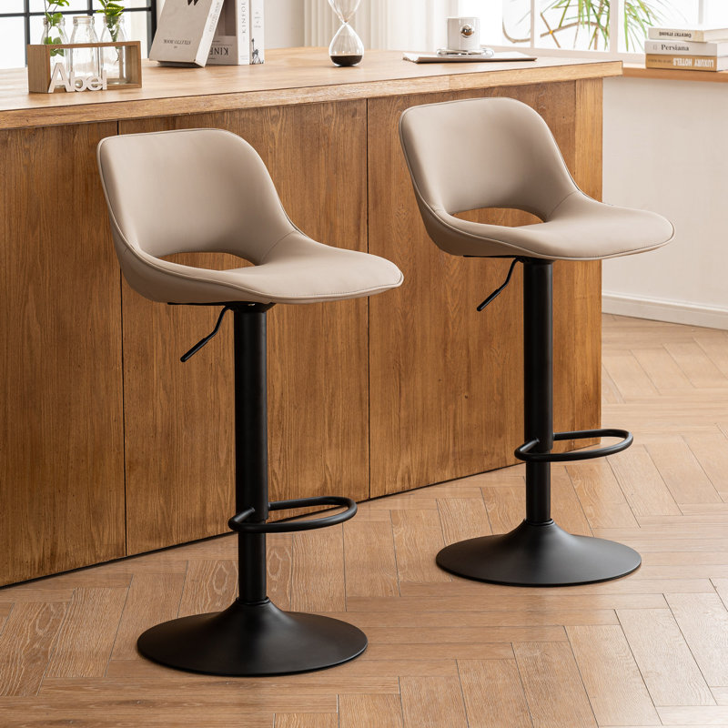 Swivel Adjustable Height Bar Stools, Faux Leather Upholstered Counter Stools, Modern Pub Stools, Khaki Seat/ Black Frame