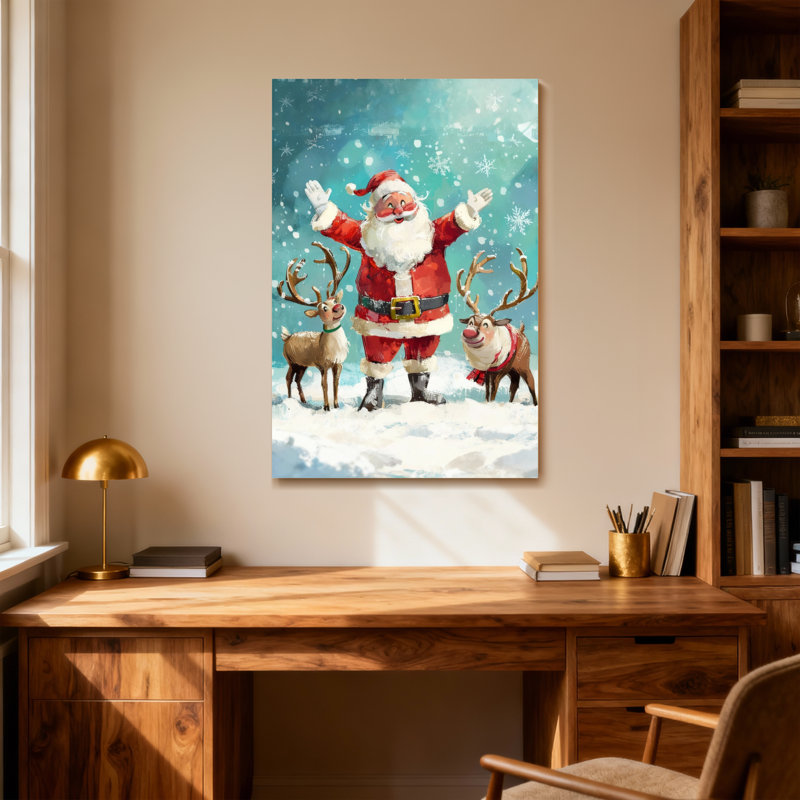 Noël père Noël avec des rennes dans la neige, H 24 po x l 16 po