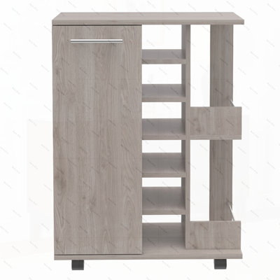 Bar Cart, Two External Shelves, Four Casters, Six Built-in Wine Rack, Single Door Cabinet
