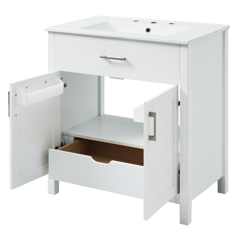 Meuble-lavabo de 30 pouces avec lavabo en céramique - bois massif +, rangement spacieux, poignées exquises pour un évier qui rehausse le style, espace de rangement, design élégant