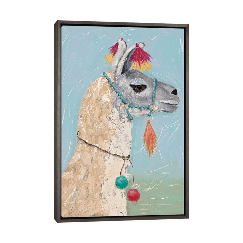 «Painted Llama II» par Jade Reynolds - reproduction, H 48 po x l 32 po x P 1,5 po, Toile avec cadre en bois foncé rustique