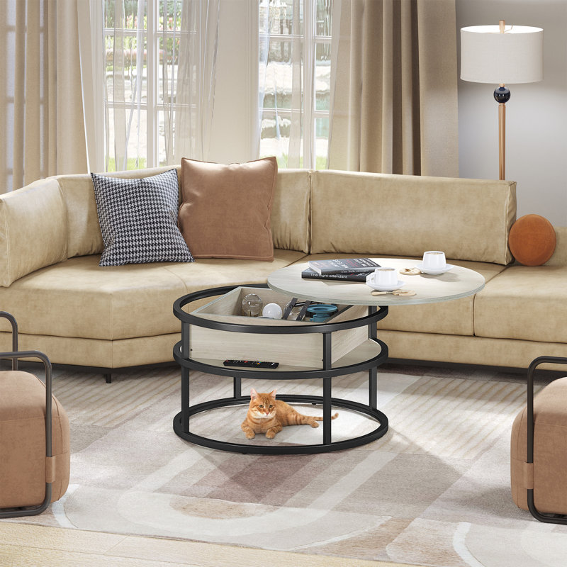 Rothwell Lift Top  Coffee Table ,Extendable Round Cocktail Table, 61.5cm H x 80cm W x 80cm D, Light Maple, Black