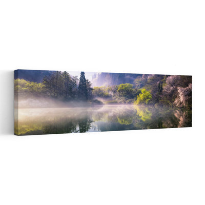 Misty Spring Reflections Dreamy Peaceful Serene Cherry Forest Landscape, art mural