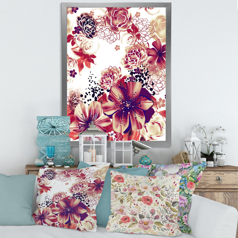Fleurs roses et jaunes rétro - impression sur toile, H 20 po x l 12 po x P 1,5 po, Toile avec cadre argenté