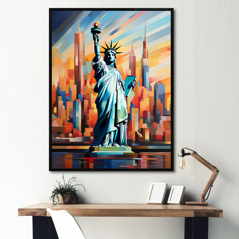 Statue cubiste de la liberté NYC I, H 20 po x l 12 po x P 1 po, Cadre flottant noir