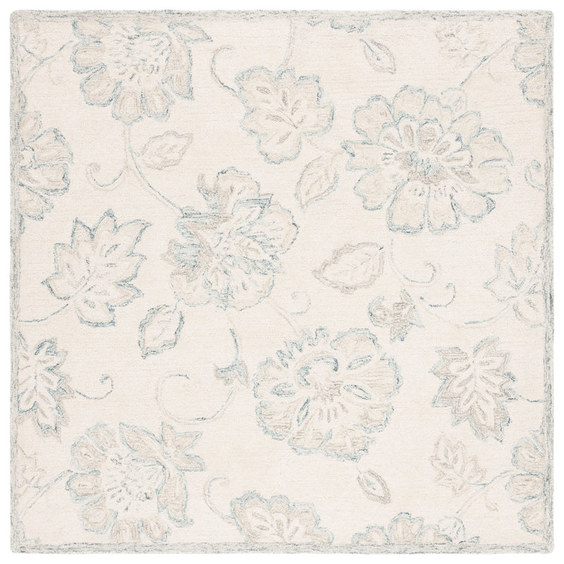 Rectangle Floral Handmade Tufted Wool/Cotton Area Rug in Ivory/Blue, Square 6'