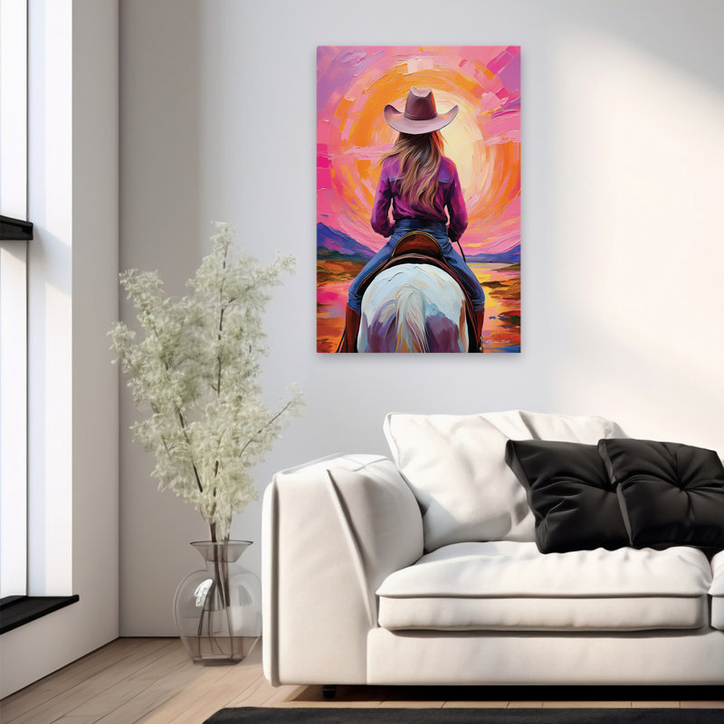 «Riding Into The Sunset» - art contemporain d'un chapeau de cowboy, H 36 po x l 24 po