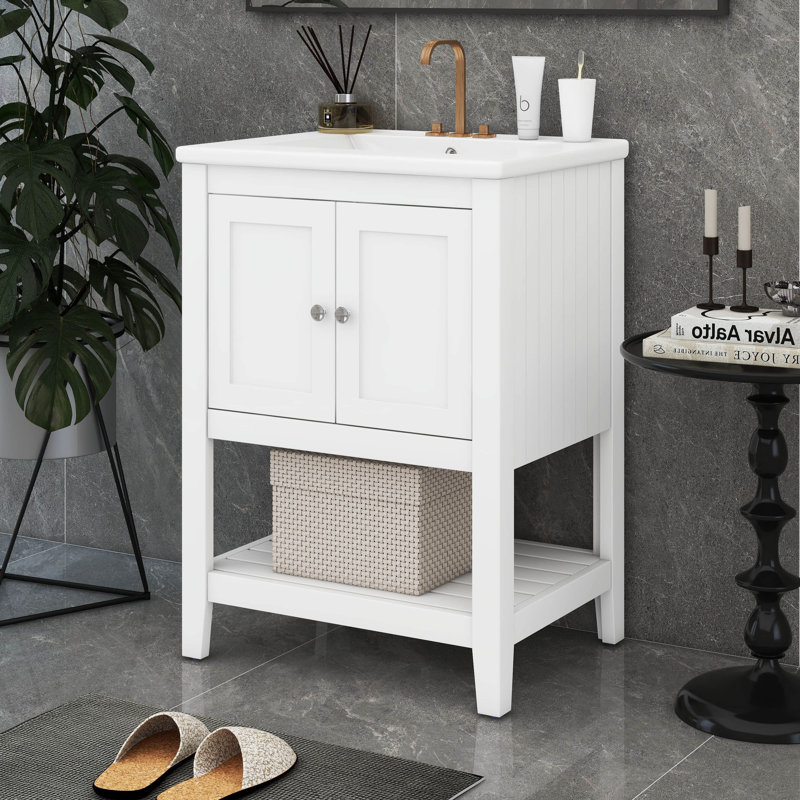 Meuble-lavabo 24 po avec lavabo, petit meuble-lavabo, meuble-lavabo simple avec 2 portes et 1 tablette ouverte, Blanc