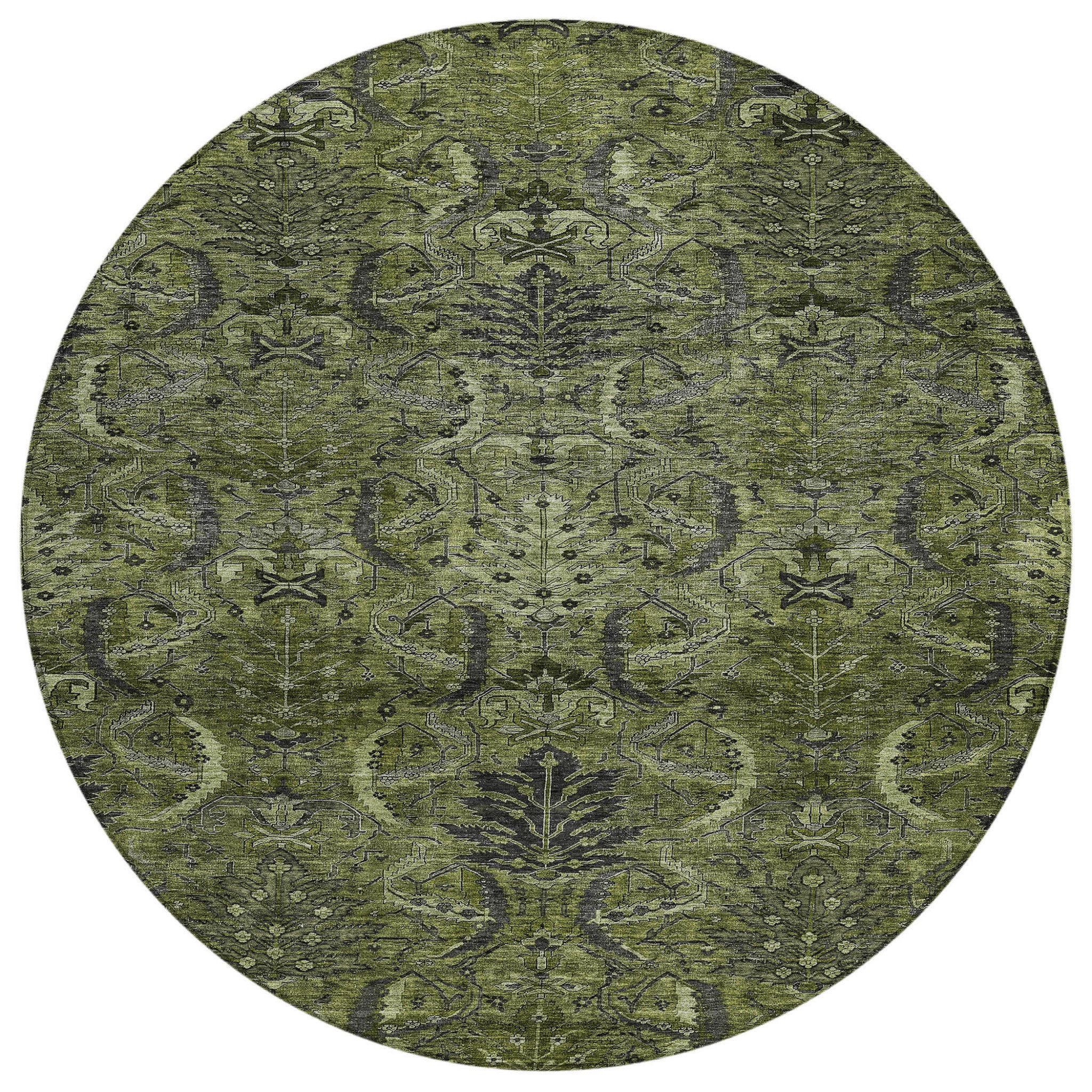 HomeRoots 8' Olive Green And Charcoal Round Damask Washable Indoor ...