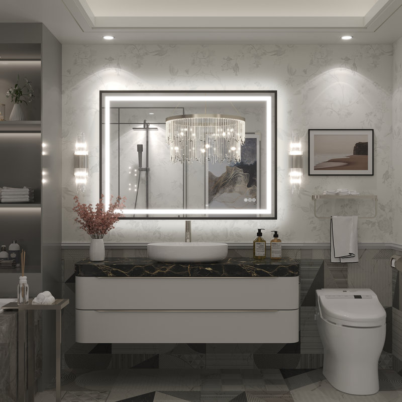 Molly Black Metal Framed LED Front Light and Backlit Anti-Fog Wall Bathroom/ Vanity Mirror, 44" x 32", Black