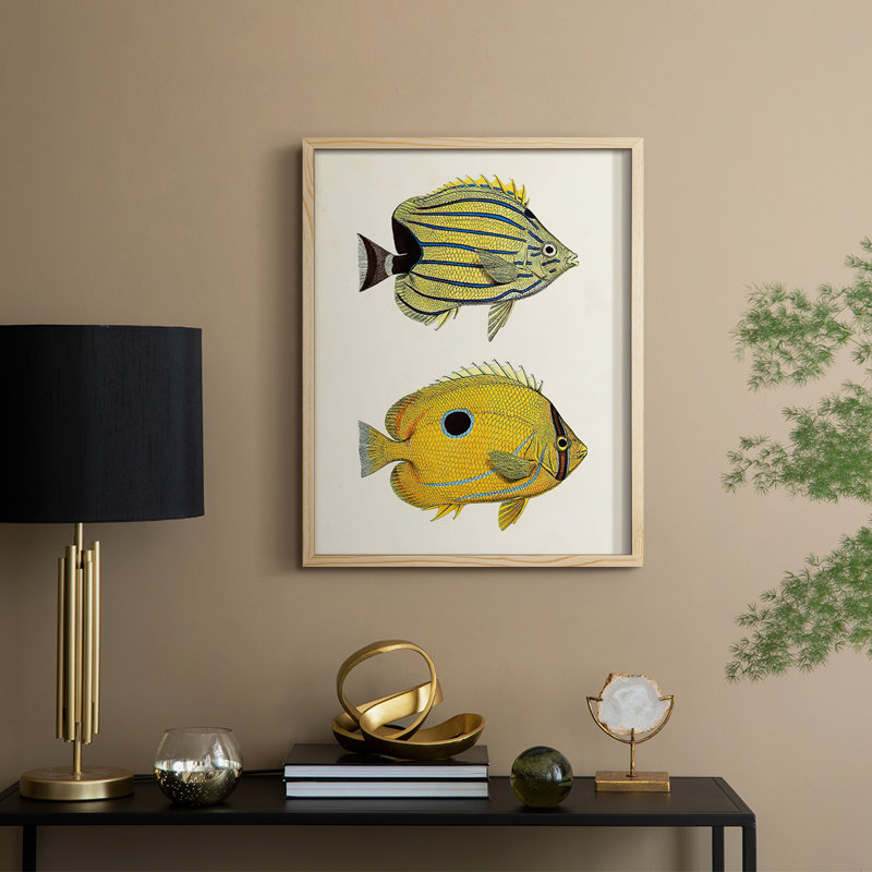 «Yellow & Gray Fish III», reproduction encadrée - bois massif, H 11 po x l 9 po
