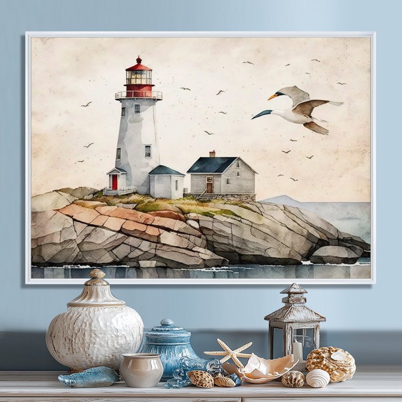 Lighthouse by the Ocean II - Print on Canvas, 12" H x 20" W x 1" D, White Floater Framed