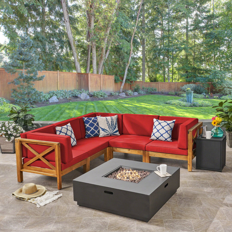 5 - Person Modular Patio Conversation Set with Cushions, Teak Frame / Red Cushion