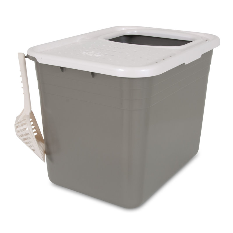Gray and White Plastic Top Entry Cat Litter Box