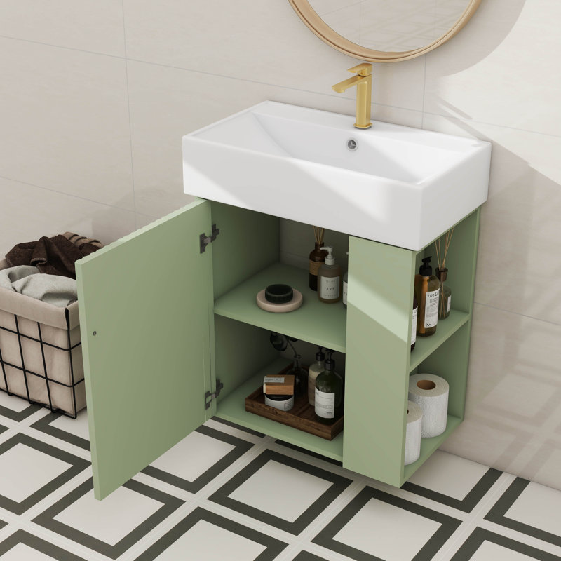 Meuble-lavabo mural de 21,6 po avec lavabo encastré à droite et rangement en céramique, Vert