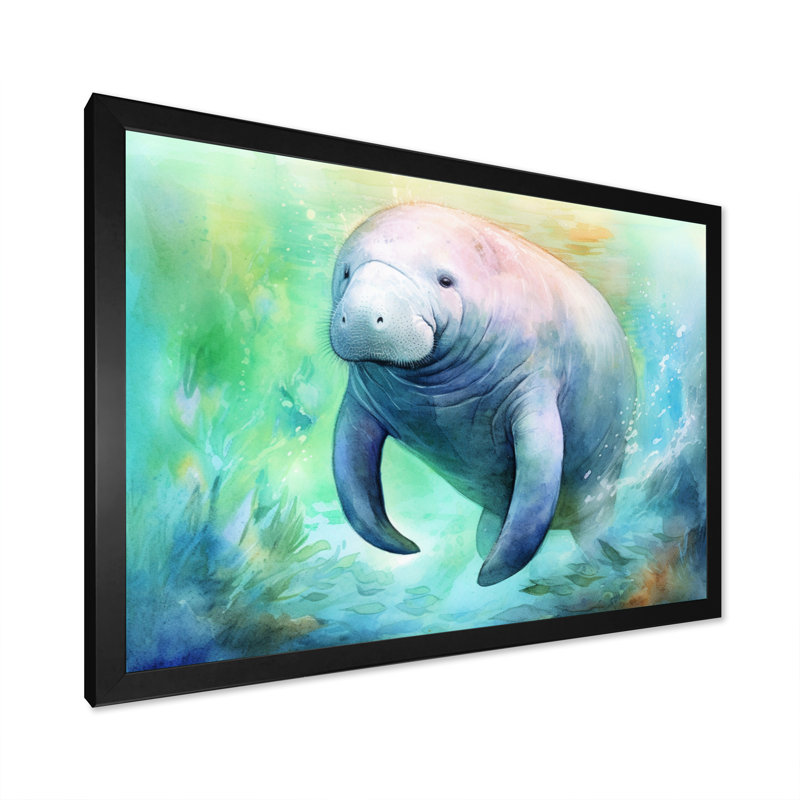 Gentle Manatee I - Art mural lamantin, H 16 po x l 32 po x P 1 po, Cadre simple noir