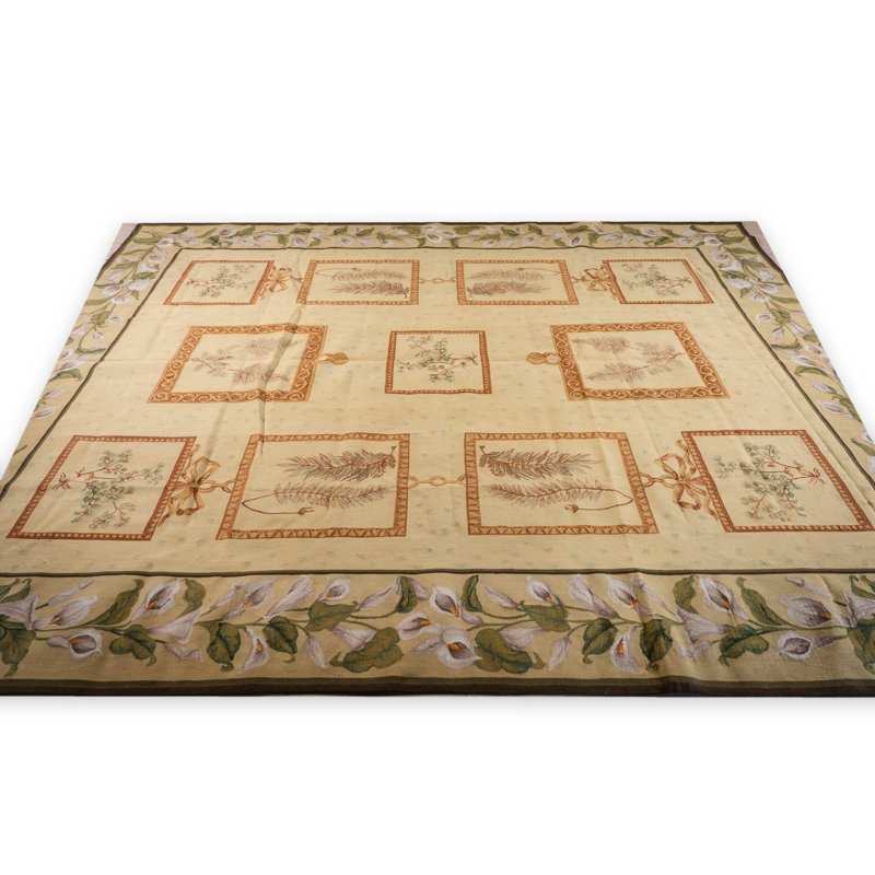 Tapis tissé à plat Vintage Aubusson, panneau botanique ivoire 8 pi 0 po x 10 pi 0 po