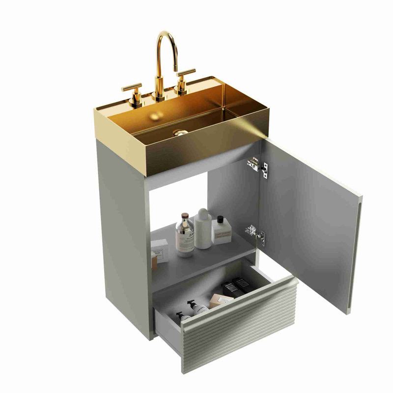 Meuble-lavabo de salle de bain avec rangement, Vert clair, Or brossé
