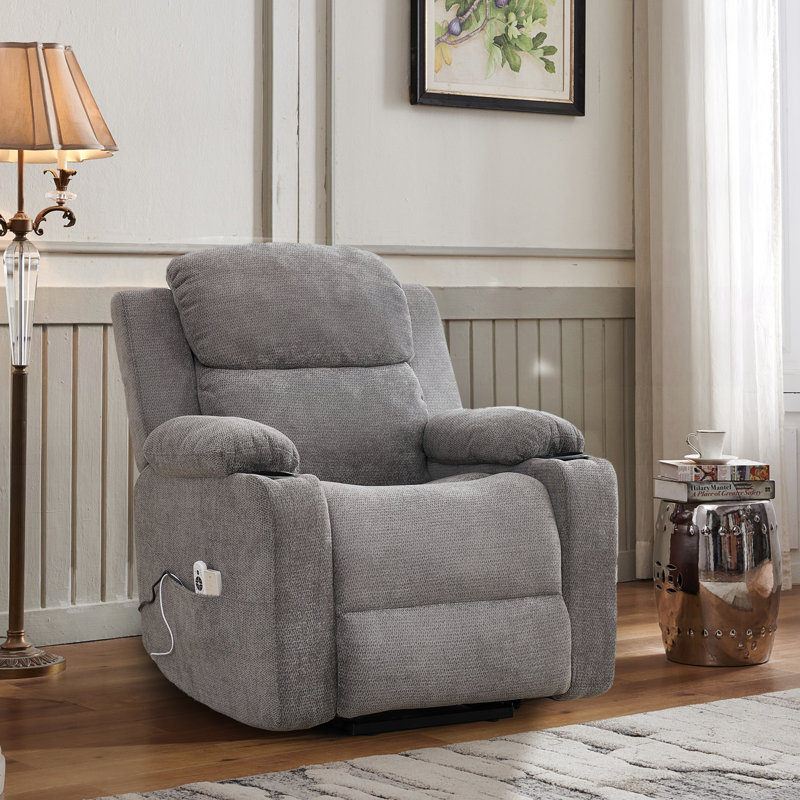  Katrein Gray Chenille Power Recliner with Heat and Massage Lift Function, Gray Chenille