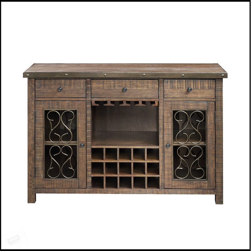 Desserte en bois patiné Raphaela avec porte-gobelet intégré et support à vin, parfait pour recevoir et organiser., Cerisier
