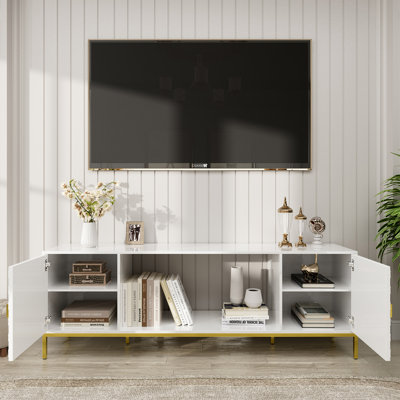Meuble télé moderne pour téléviseurs jusqu'à 70 pouces, centre multimédia avec rangement, tablettes ouvertes et système de gestion des câbles, blanc