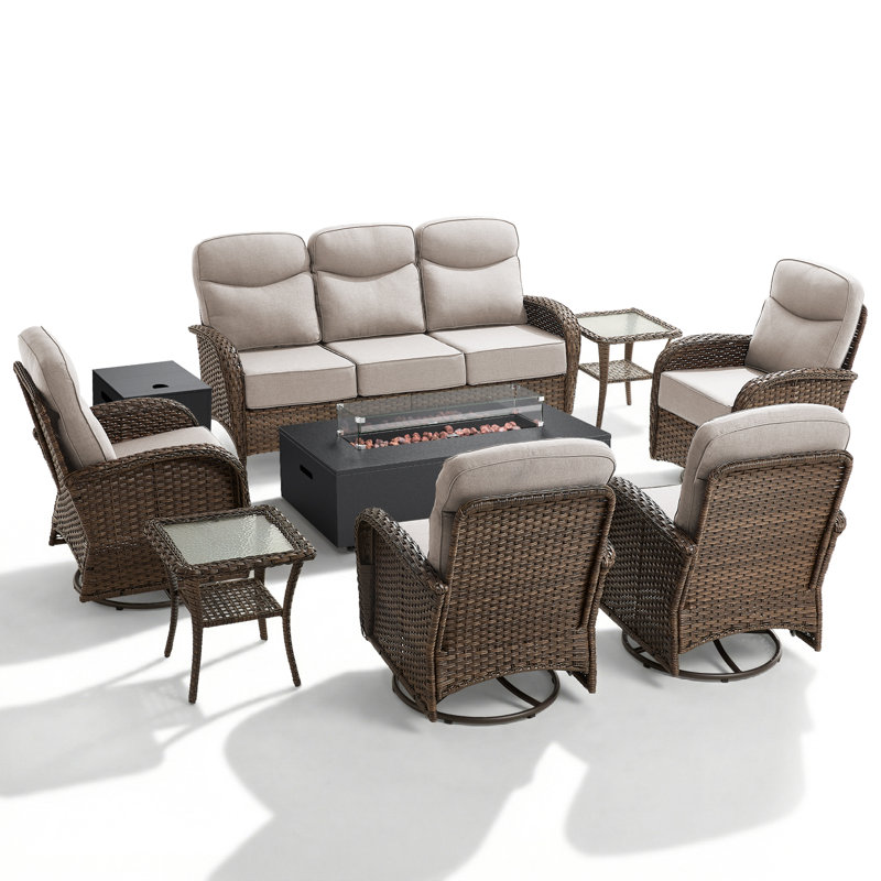 8- Piece Outdoor Porch Sofa Conversation Set With Split-Type Fire Pit Table & Swivel Chairs, Beige