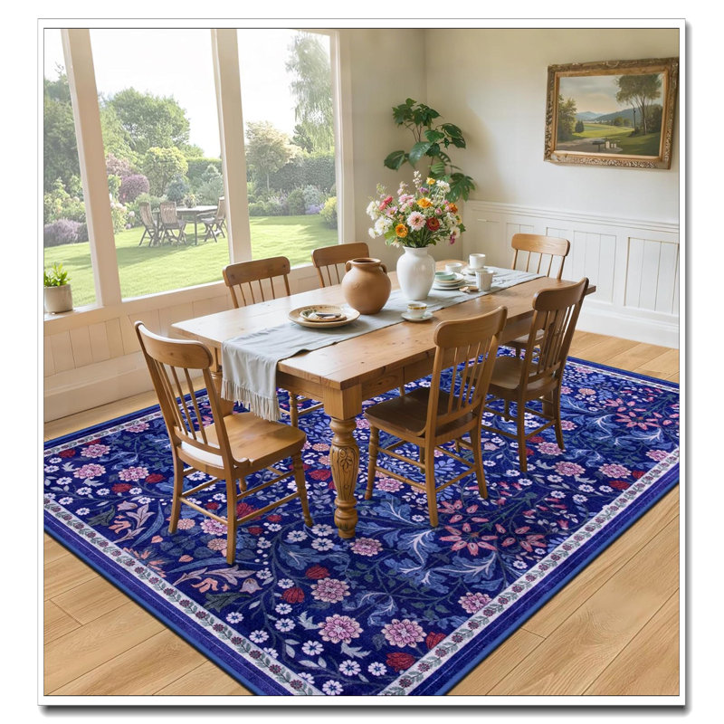 Floral 5X7 Washable Area Rug, Vintage Soft Boho Non-Slip Indoor Carpet, Stain Resistant Floor Rug For Living Room Bedroom Dining Room Farmhouse Nursery Hallway Home Office, Blue
