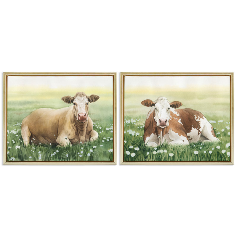Cows Resting in Flower Field, ensemble de 2 toiles flottantes encadrées par Grace Popp, H 17 po x l 21 po