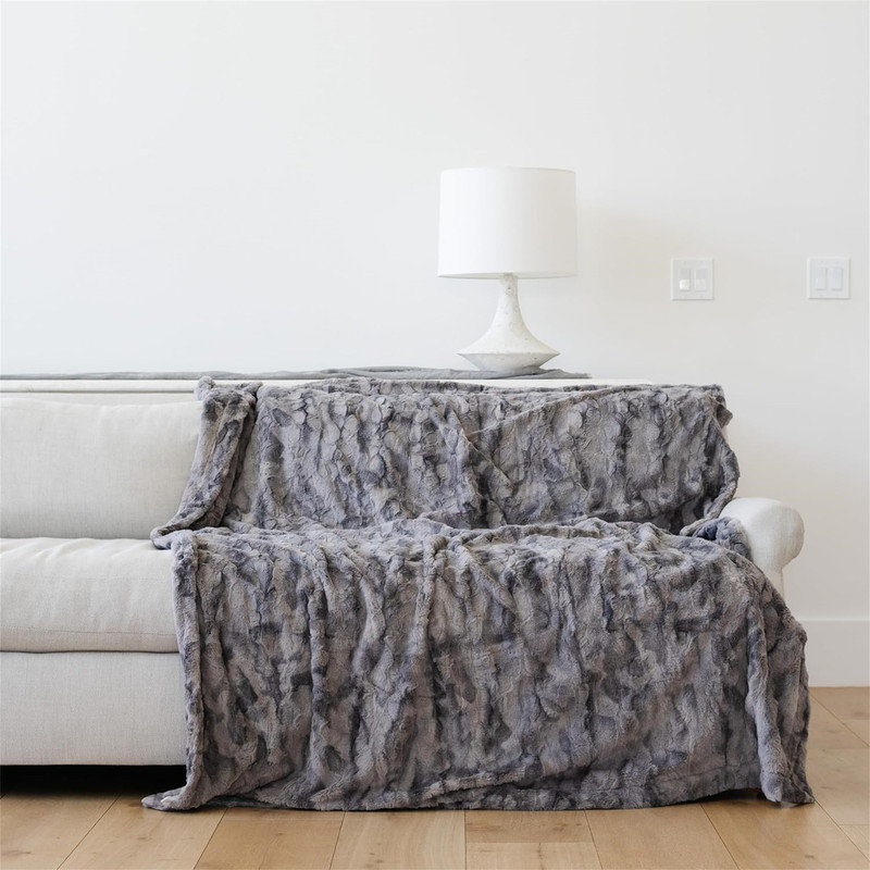 Queen Size Marbled Gray Faux Fur Reversible Throw Blanket