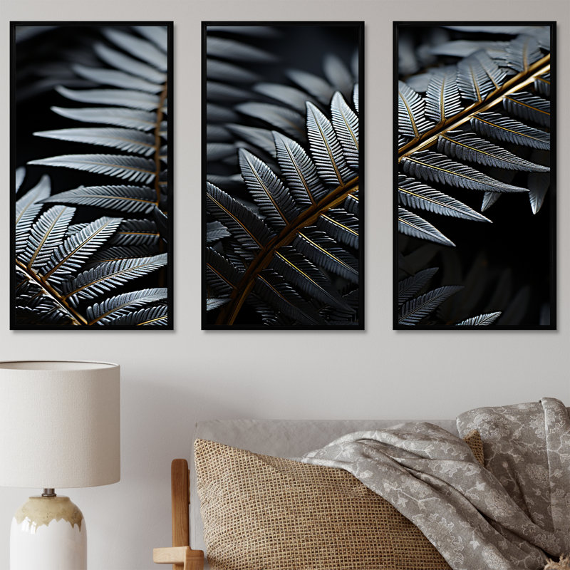 Frondes monochromes - ensemble d'art mural plantes, Cadre flottant noir, H 40 po x l 60 po x P 1 po