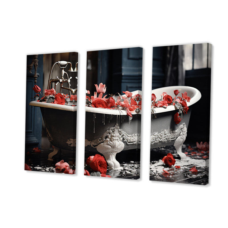 «Red Floral Bath II» sur toile, reproduction de 3 pièces, H 28 po x l 36 po x P 1 po