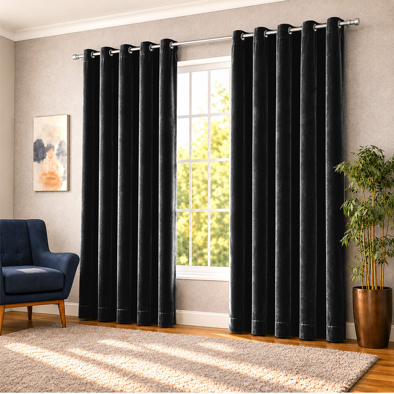 Thermal Velvet Curtains with Eyelet Ring Top - Blackout Crushed Velvet Drapes Pair, 168cm Width x 183cm Drop, Black