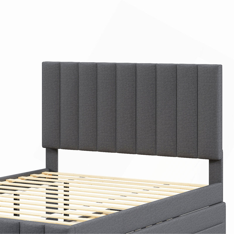 Lit plateforme double tapissier avec lit gigogne simple et 3 tiroirs, tissu en lin, gris