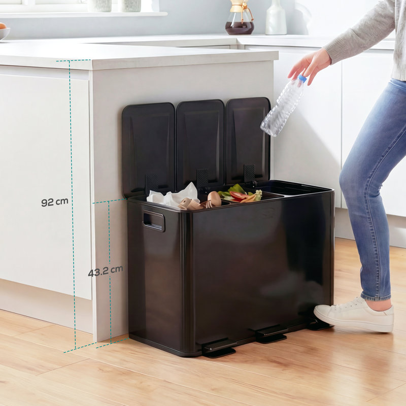 Sarisha 3 x 15L Triple Kitchen Bin Pedal Bin for Recycling and Waste, Black