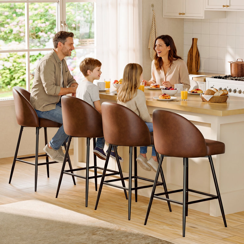 Swivel Bar Stools Set Of 4, Counter Height Bar Stools With Back & Metal Legs-Brown, Brown/Faux Leather